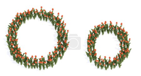 Téléchargez les photos : Concept ou ensemble conceptuel de beaux bouquets de tulipes en fleurs formant la police O. 3d illustration métaphore pour l'éducation, le design et la décoration, romance et amour, nature, printemps ou été. - en image libre de droit