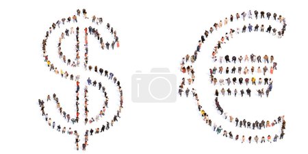 Foto de Concept or conceptual large community of people forming the dollar and euro symbols. 3d illustration metaphor for unity and diversity, humanitarian, teamwork, cooperation, education, friendship and community - Imagen libre de derechos