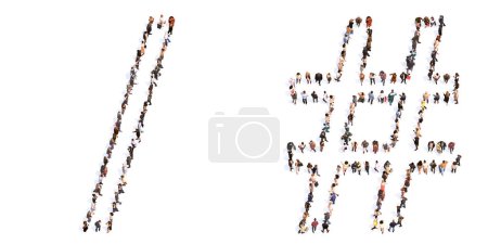 Photo for Concept or conceptual large community of people forming the division slash and hash symbols. 3d illustration metaphor for unity and diversity, humanitarian, teamwork, cooperation, education, friendship and community - Royalty Free Image