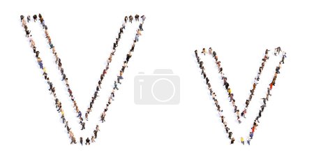 Photo for Concept or conceptual large community of people forming the font V. 3d illustration metaphor for unity and diversity, humanitarian, teamwork, cooperation, education, friendship and community - Royalty Free Image