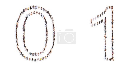 Téléchargez les photos : Concept ou concept grande communauté de personnes formant les polices 0 et 1. 3d illustration métaphore pour l'unité et la diversité, humanitaire, travail d'équipe, coopération, éducation, amitié et communauté - en image libre de droit