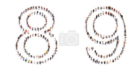 Photo for Concept or conceptual large community of people forming the fonts 8 and 9.  3d illustration metaphor for unity and diversity, humanitarian, teamwork, cooperation, education, friendship and community - Royalty Free Image
