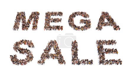 Foto de Concept or conceptual large community of people forming the MEGA SALE message. 3d illustration metaphor for special offer, discount, coupon, deal, shopping, marketing, commerce and  business - Imagen libre de derechos