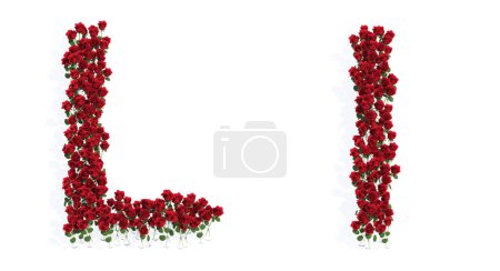 Foto de Concept or conceptual set of beautiful blooming red roses bouquets forming the font L. 3d illustration metaphor for education, design and decoration, romance and love, nature, spring or summer. - Imagen libre de derechos