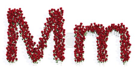 Photo for Concept or conceptual set of beautiful blooming red roses bouquets forming the font M. 3d illustration metaphor for education, design and decoration, romance and love, nature, spring or summer. - Royalty Free Image