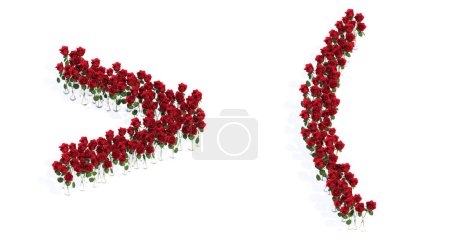 Téléchargez les photos : Concept or conceptual set of beautiful blooming red roses bouquets forming the greater and ( signs. 3d illustration metaphor for education, design and decoration, romance and love, nature, spring or summer. - en image libre de droit