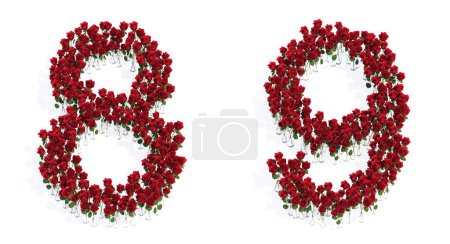Téléchargez les photos : Concept or conceptual set of beautiful blooming red roses bouquets forming the fonts 7 and 8. 3d illustration metaphor for education, design and decoration, romance and love, nature, spring or summer. - en image libre de droit