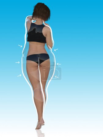 Foto de Conceptual grasa sobrepeso mujer obesa vs cuerpo sano en forma delgada después de la pérdida de peso o dieta con contorno blanco y apuntando flechas en azul. Aptitud, nutrición u obesidad, forma de salud Ilustración 3D - Imagen libre de derechos