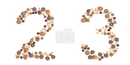 Foto de Concept or conceptual set of pastry delicious products forming the fonts 2 and 3. 3d illustration metaphor for education, school, agriculture, traditional and rustic, organic, healthy and natural. - Imagen libre de derechos