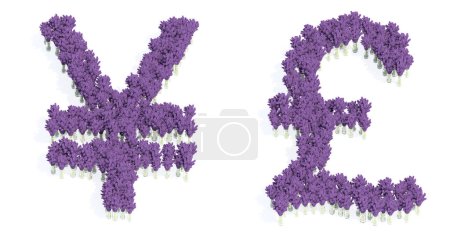 Téléchargez les photos : Concept or conceptual set of beautiful blooming lupine bouquets forming the yen and pound signs. 3d illustration metaphor for education, design and decoration, romance and love, nature, spring or summer. - en image libre de droit