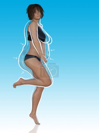 Photo for Conceptual fat overweight obese female vs slim fit healthy body after weight loss or diet with white outline and pointing arrows on blue. A  fitness, nutrition or obesity, health shape 3D illustration - Royalty Free Image