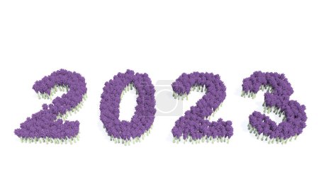 Photo for Concept or conceptual set of beautiful blooming lupine bouquets forming the year 2023. 3d illustration metaphor for hope, future, prosperity,  health, romance and love, nature, spring or summer. - Royalty Free Image