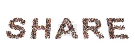 Téléchargez les photos : Concept conceptual large community of people forming the word SHARE. 3d illustration metaphor for online, network, social media, communication and connection, business, community and global - en image libre de droit