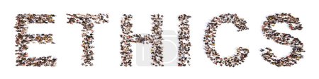Téléchargez les photos : Concept conceptual large community of people forming the word ETHICS. 3d illustration metaphor for core values, principles, moral compass, business  code and professionalism,  integrity and education - en image libre de droit