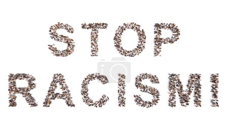 Photo for Concept conceptual large community of people forming STOP RACISM! slogan. 3d illustration metaphor for equality, social justice, end of discrimination, equal rights and opportunities - Royalty Free Image