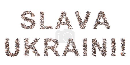 Téléchargez les photos : Concept ou concept grande communauté de personnes formant le message SLAVA UKRAINI. Illustration 3D métaphore du patriotisme, détermination, motivation, courage, combat, esprit, endurance et force - en image libre de droit