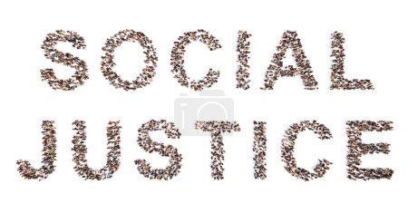 Téléchargez les photos : Concept ou concept grande communauté de personnes formant le message DROITS DE JUSTICE SOCIALE. 3d illustration métaphore pour l'équité, la justice, la tolérance et la solidarité, la communication, l'éducation et la culture - en image libre de droit