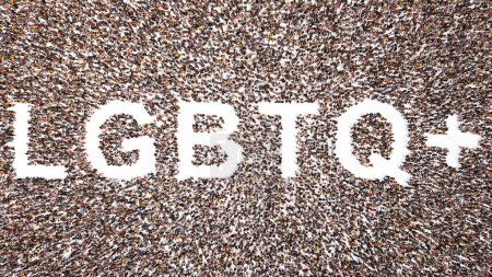 Téléchargez les photos : Concept ou concept grande communauté de personnes formant le message LGBTQ. 3d illustration métaphore pour lgbtq communauté, activisme, diversité, genre, égalité, tolérance, soutien et solidarité - en image libre de droit