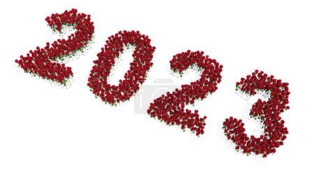 Photo for Concept or conceptual set of beautiful blooming red roses bouquets forming the year 2023. 3d illustration metaphor for hope, future, prosperity,  health, romance and love, nature, spring or summer. - Royalty Free Image