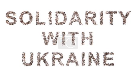 Téléchargez les photos : Concept conceptuel grande communauté de personnes formant SOLIDARITÉ AVEC message UKRAINE. 3d illustration métaphore de solidarité, coopération, compassion, gentillesse, unité, inspiration, altruisme, aide - en image libre de droit
