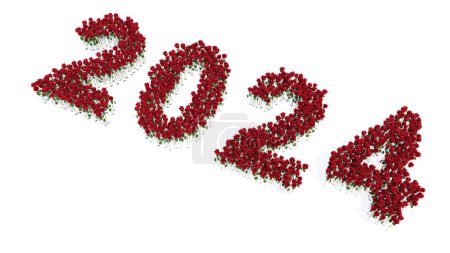 Foto de Conjunto conceptual o conceptual de hermosos ramos de rosas rojas florecientes que forman el año 2024. 3d ejemplo metáfora de esperanza, futuro, prosperidad, salud, romance y amor, naturaleza, primavera o verano. - Imagen libre de derechos