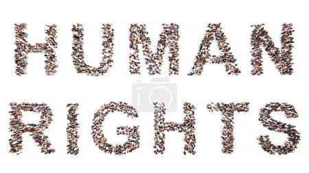 Photo for Concept  or conceptual large community of people forming HUMAN RIGHTS message. 3d illustration metaphor for equality, freedom, democracy, justice, education, peace, voting, life, tolerance, diversityv - Royalty Free Image