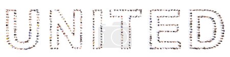 Photo for Concept conceptual large community of people forming UNITED word. 3d illustration metaphor for cooperation, vision, motivation, teamwork, community, leadership, success, solidarity and unity - Royalty Free Image