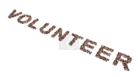 Photo for Concept conceptual large community of people forming  VOLUNTEER word. 3d illustration metaphor for giving, assistance, selfless, charity, philanthropy, nonprofit, goodness, altruism, community - Royalty Free Image