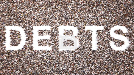 Foto de Concepto o gran comunidad conceptual de personas que forman la palabra DEBTS. 3d ejemplo metáfora de la carga financiera en forma de hipotecas, préstamos, tarjetas de crédito, impuestos, facturas y bajos ahorros - Imagen libre de derechos