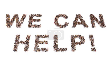 Téléchargez les photos : Concept conceptuel grande communauté de personnes formant NOUS CAND AIDEZ slogan. 3d illustration métaphore pour la communauté et l'amitié, compassion, gentillesse et générosité, charité, bénévolat et don - en image libre de droit