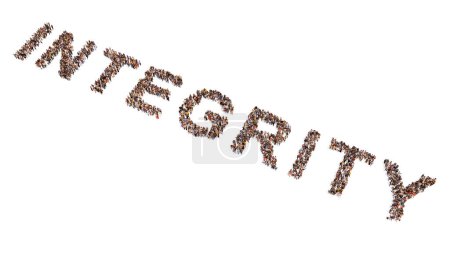 Photo for Concept or conceptual large community of people forming the the word INTEGRITY . 3d illustration metaphor for honesty, core values, code, responsibility, education and culture, business and success - Royalty Free Image