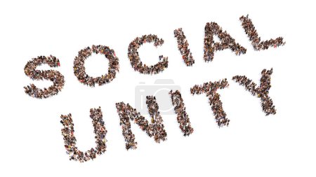 Téléchargez les photos : Concept conceptuel grande communauté de personnes formant l'unité sociale slogan 3d illustration métaphore pour la solidarité et l'activisme, l'égalité, les droits de l'homme, le travail d'équipe, la coopération, la charité, les soins et le soutien - en image libre de droit