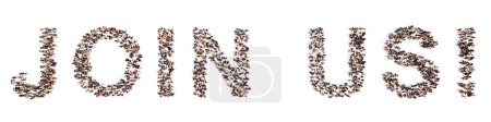 Téléchargez les photos : Concept ou concept grande communauté de personnes formant JOIGNEZ-NOUS message. 3d illustration métaphore pour les entreprises, recrutement, équipe, travail d'équipe, opportunité, carrière, adhésion, inscription, campagne - en image libre de droit