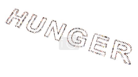 Photo for Concept conceptual large community of people forming the word HUNGER.  3d illustration metaphor for  shortage in cereal supply, drought,  rising fod cost, social impact, recession and poverty - Royalty Free Image