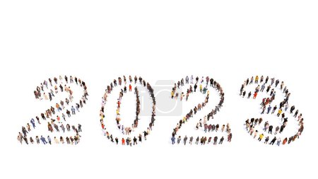 Téléchargez les photos : Concept ou concept grande communauté de personnes formant 2023 année. 3d illustration métaphore pour la célébration, festive, fête, espoir, avenir, prospérité, santé et chance, affaires et travail d'équipe - en image libre de droit