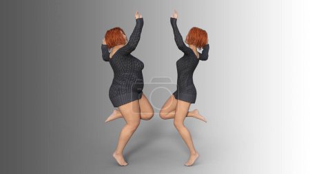 Téléchargez les photos : Conceptuel graisse surpoids obèse femelle vs mince ajustement corps sain après la perte de poids ou l'alimentation avec des muscles mince jeune femme isolée. Une métaphore d'illustration 3D pour la forme physique, la nutrition ou la graisse obésité, forme de santé - en image libre de droit