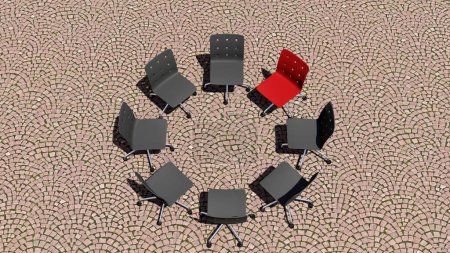 Téléchargez les photos : Concept, chaise rouge conceptuelle se démarquant dans une réunion sur un fond pavé. Illustration 3D comme métaphore du leadership, vision et stratégie, créativité et individualité, réalisation. - en image libre de droit