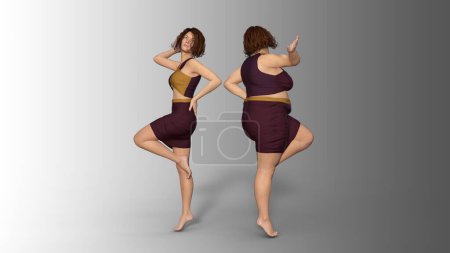Téléchargez les photos : Conceptuel graisse surpoids obèse femelle vs mince ajustement corps sain après la perte de poids ou l'alimentation avec des muscles mince jeune femme isolée. Une métaphore d'illustration 3D pour la forme physique, la nutrition ou la graisse obésité, forme de santé - en image libre de droit