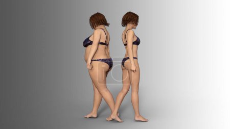 Photo for Conceptual fat overweight obese female vs slim fit healthy body after weight loss or diet with muscles thin young woman isolated. A 3D illustration metaphor for fitness, nutrition or fatness obesity, health shape - Royalty Free Image