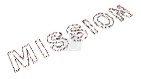 Photo for Concept or conceptual large community of people forming the the word MISSION. 3d illustration metaphor for vision and motivation, challenge, growth, achievement, strategy, leadership and success - Royalty Free Image
