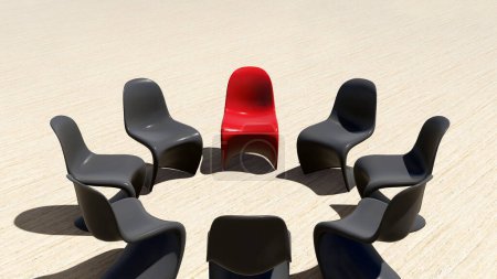 Foto de Concepto, silla roja conceptual destacándose en una reunión sobre un fondo de piedra natural. Ilustración 3D como metáfora de liderazgo, visión y estrategia, creatividad, individualidad, logro. - Imagen libre de derechos