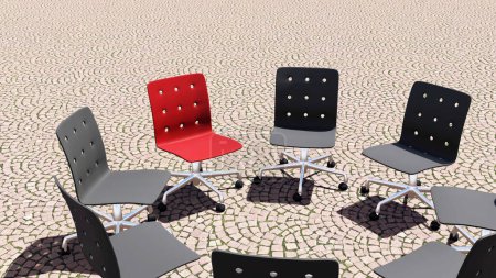 Photo for Concept, conceptual red chair standing out in a meeting on a cobblestone floor background. 3D Illustration as a metaphor for leadership, vision and strategy, creativity and individuality, achievement. - Royalty Free Image