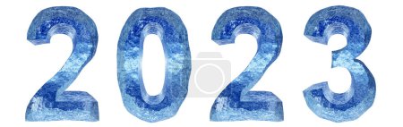 Téléchargez les photos : Concept ou conceptuel 2023 année en police de glace bleue isolé sur fond blanc. Une illustration 3D abstraite comme métaphore de l'avenir, de la célébration, de la nature, de l'environnement, de l'écologie et du climat - en image libre de droit