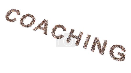 Photo for Concept conceptual large community of people forming the word COACHING. 3d illustration metaphor for training, sport, business, motivation, creativity, communication, strategy, leadership and success - Royalty Free Image