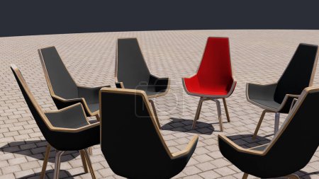 Foto de Concepto, sillas rojas conceptuales destacándose en una reunión sobre un fondo de suelo de hormigón marrón. Ilustración 3D como metáfora de liderazgo, visión y estrategia, creatividad, individualidad, logro. - Imagen libre de derechos