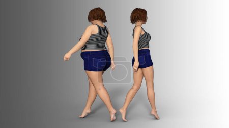 Photo for Conceptual fat overweight obese female vs slim fit healthy body after weight loss or diet with muscles thin young woman isolated. A 3D illustration metaphor for fitness, nutrition or fatness obesity, health shape - Royalty Free Image