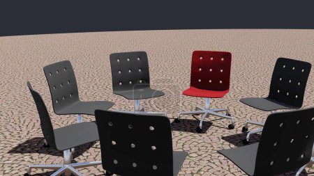 Photo for Concept, conceptual red chair standing out in a meeting on a cobblestone floor background. 3D Illustration as a metaphor for leadership, vision and strategy, creativity and individuality, achievement. - Royalty Free Image