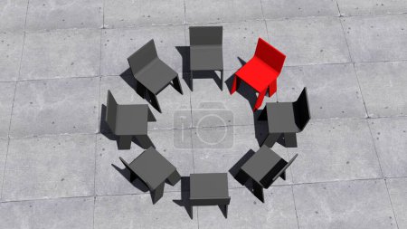 Téléchargez les photos : Concept ou chaise rouge conceptuelle se démarquant dans une réunion sur un fond de sol en béton. Illustration 3D comme métaphore du leadership, vision et stratégie, créativité et individualité, réalisation. - en image libre de droit