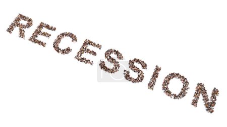 Photo for Concept or conceptual large community of people forming the word RECESSION. 3d illustration metaphor for declining economic activity and financial crisis, inflation, energy and food shortage - Royalty Free Image