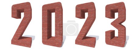 Téléchargez les photos : Concept ou conceptuel 2023 année faite de briques rugueuses lourdes rouges isolées sur fond blanc. .Une illustration 3D abstraite comme métaphore de l'avenir, de l'éducation, de l'architecture, de l'immobilier ou de la croissance des entreprises - en image libre de droit